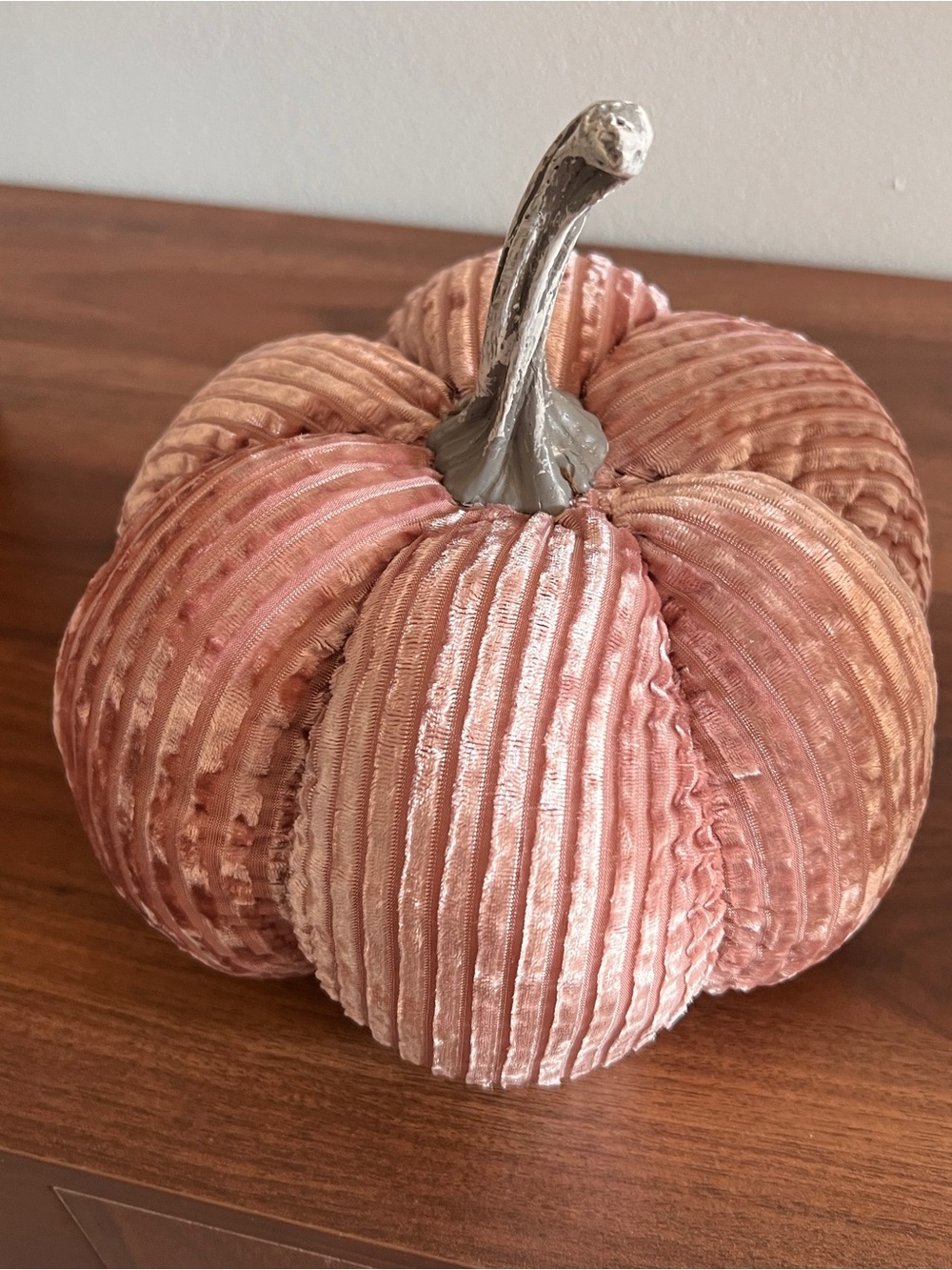 Velvet Decorative Pumpkin in Blush Pink with Metallic Stem